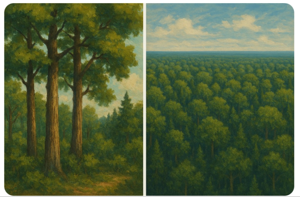 Side-by-side view: close-up tree trunks on the left, aerial forest canopy on the right
